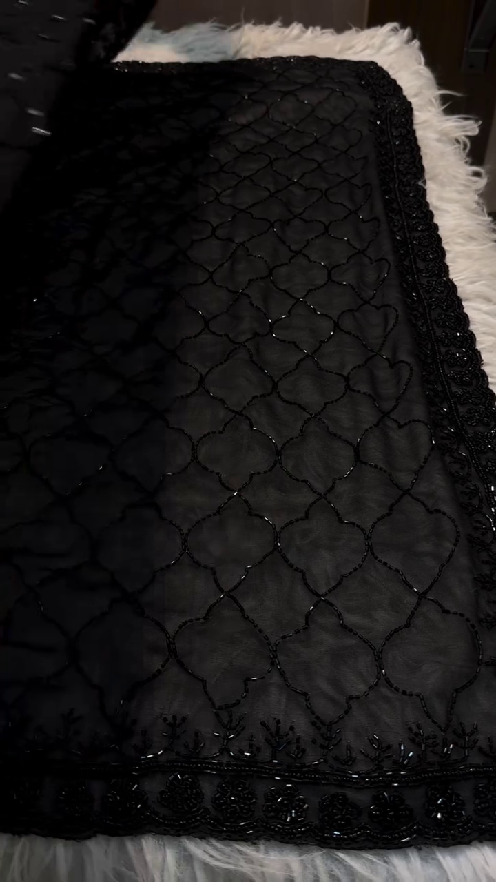Black Hand Embroidered Beaded Net Fabric – Luxury Designer Dupatta/Lehenga Material