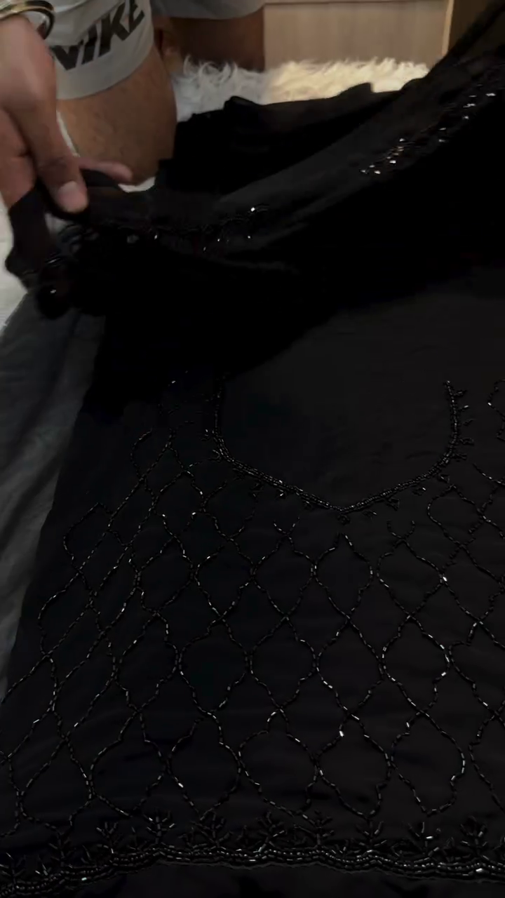 Black Hand Embroidered Beaded Net Fabric – Luxury Designer Dupatta/Lehenga Material