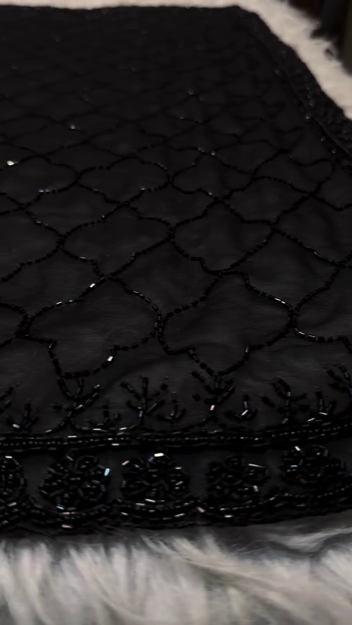 Black Hand Embroidered Beaded Net Fabric – Luxury Designer Dupatta/Lehenga Material
