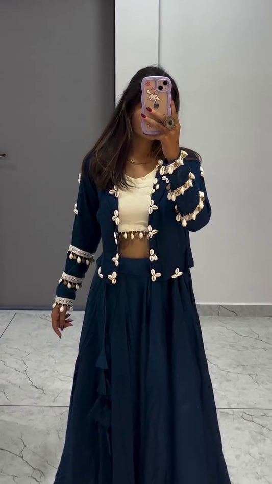 Navy Blue Shell Work Jacket Lehenga Set with Crop Top