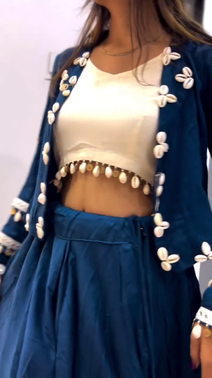 Navy Blue Shell Work Jacket Lehenga Set with Crop Top