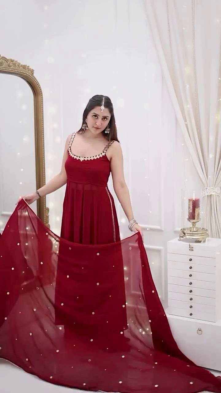 Maroon Mirror Work Flared Anarkali Gown Set with Dupatta