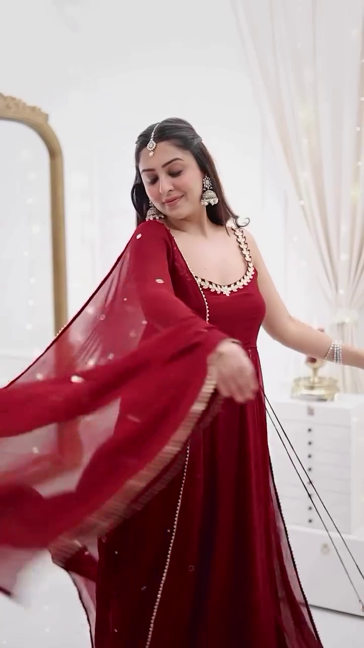 Maroon Mirror Work Flared Anarkali Gown Set with Dupatta