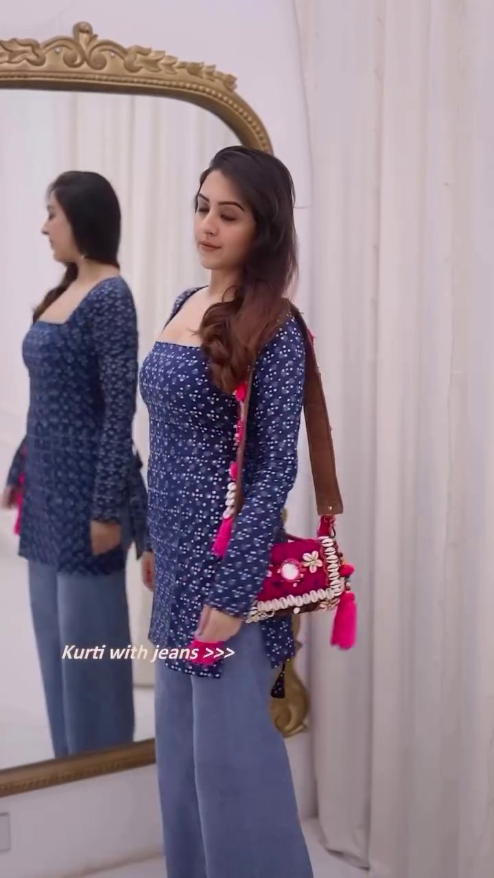 Blue Square Neck Printed Kurti with Full Sleeves – Indo-Western Fit