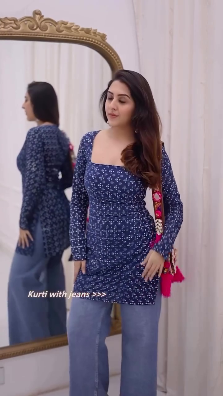 Blue Square Neck Printed Kurti with Full Sleeves – Indo-Western Fit