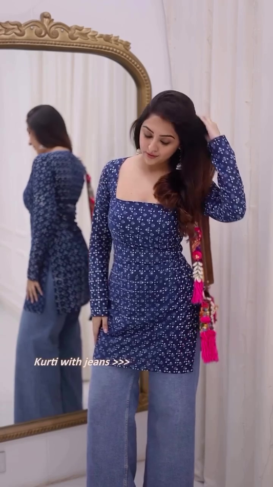 Blue Square Neck Printed Kurti with Full Sleeves – Indo-Western Fit