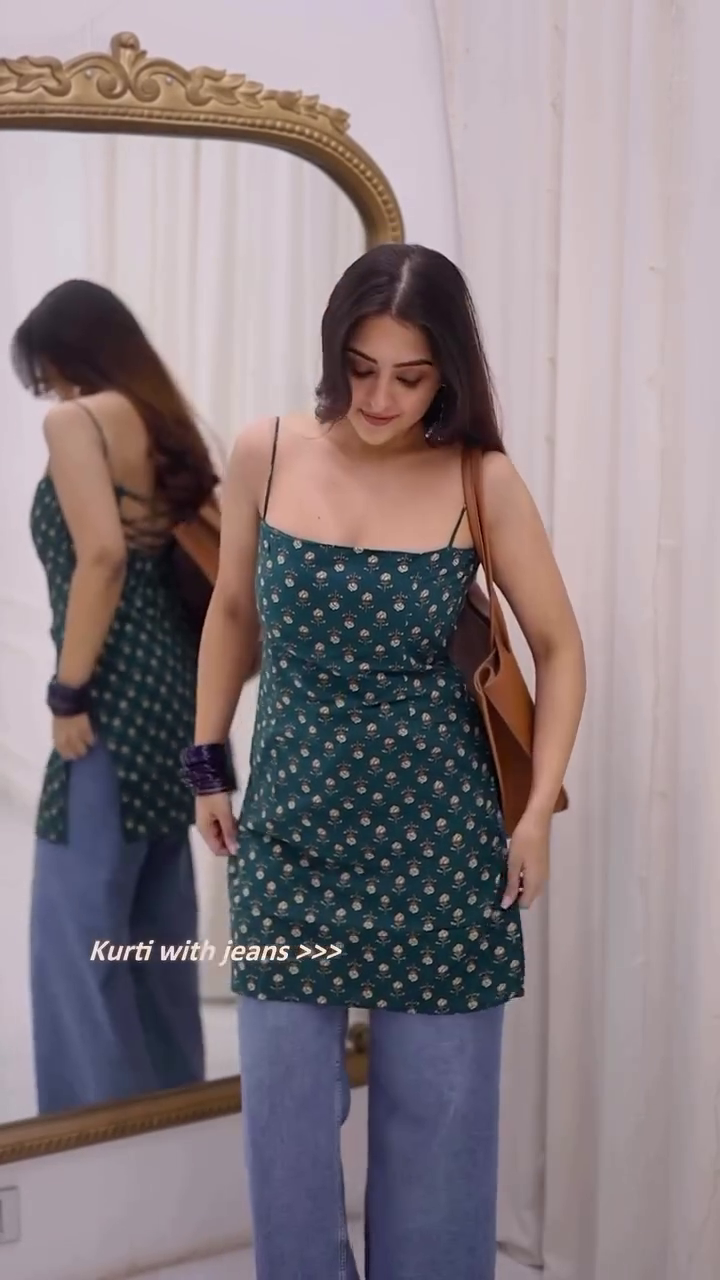 Blue Square Neck Printed Kurti with Full Sleeves – Indo-Western Fit