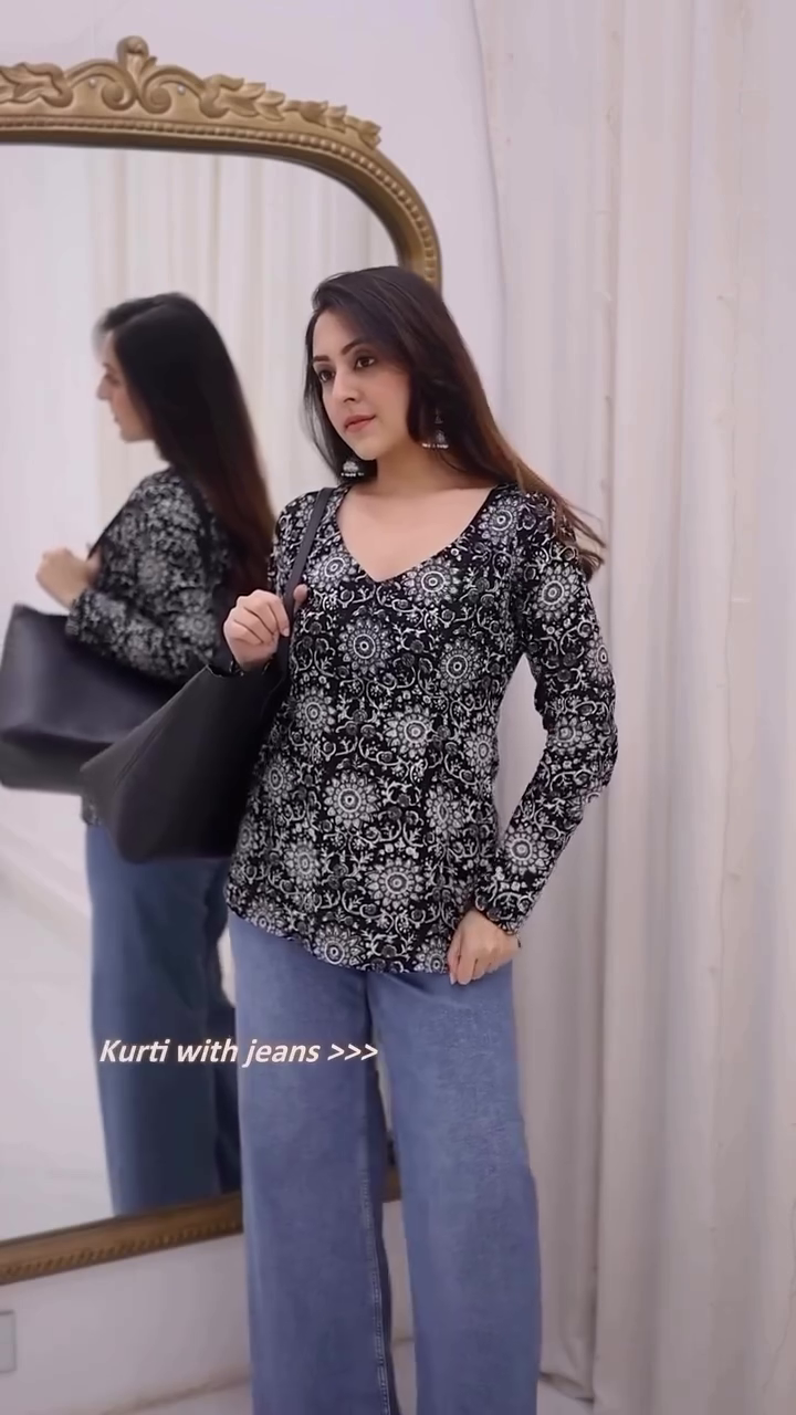 Blue Square Neck Printed Kurti with Full Sleeves – Indo-Western Fit