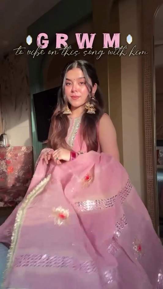 Dusty Pink Gota Patti Kurta Sharara Set with Embroidered Neckline