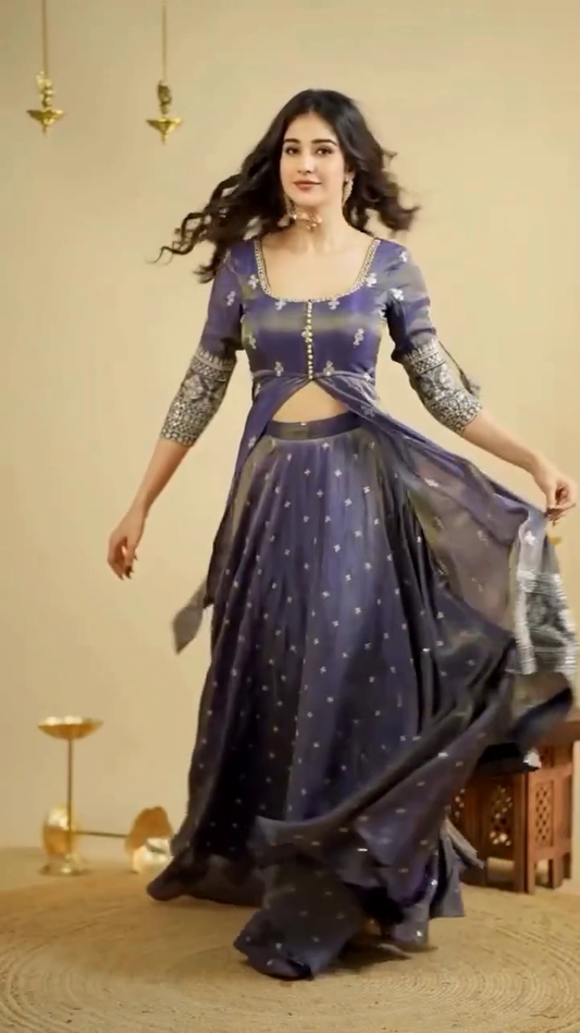 Midnight Blue Mirror Work Lehenga Set with Front-Slit Jacket Blouse