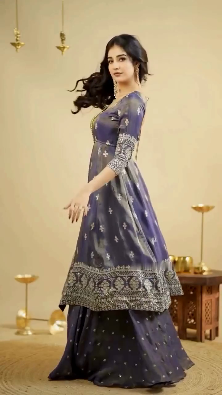 Midnight Blue Mirror Work Lehenga Set with Front-Slit Jacket Blouse