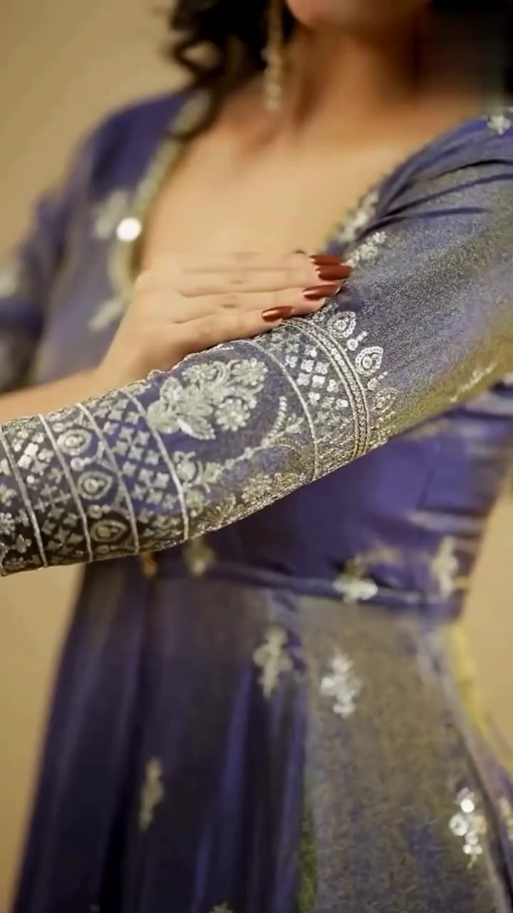 Midnight Blue Mirror Work Lehenga Set with Front-Slit Jacket Blouse