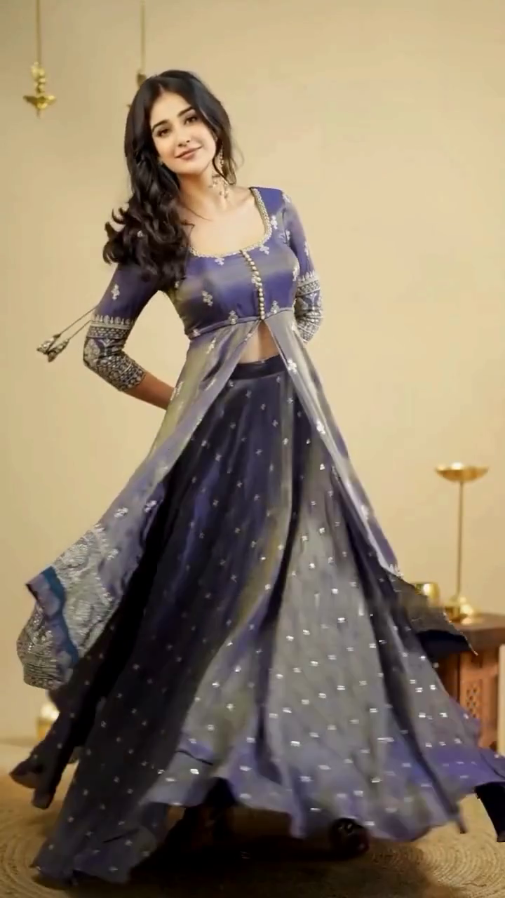 Midnight Blue Mirror Work Lehenga Set with Front-Slit Jacket Blouse