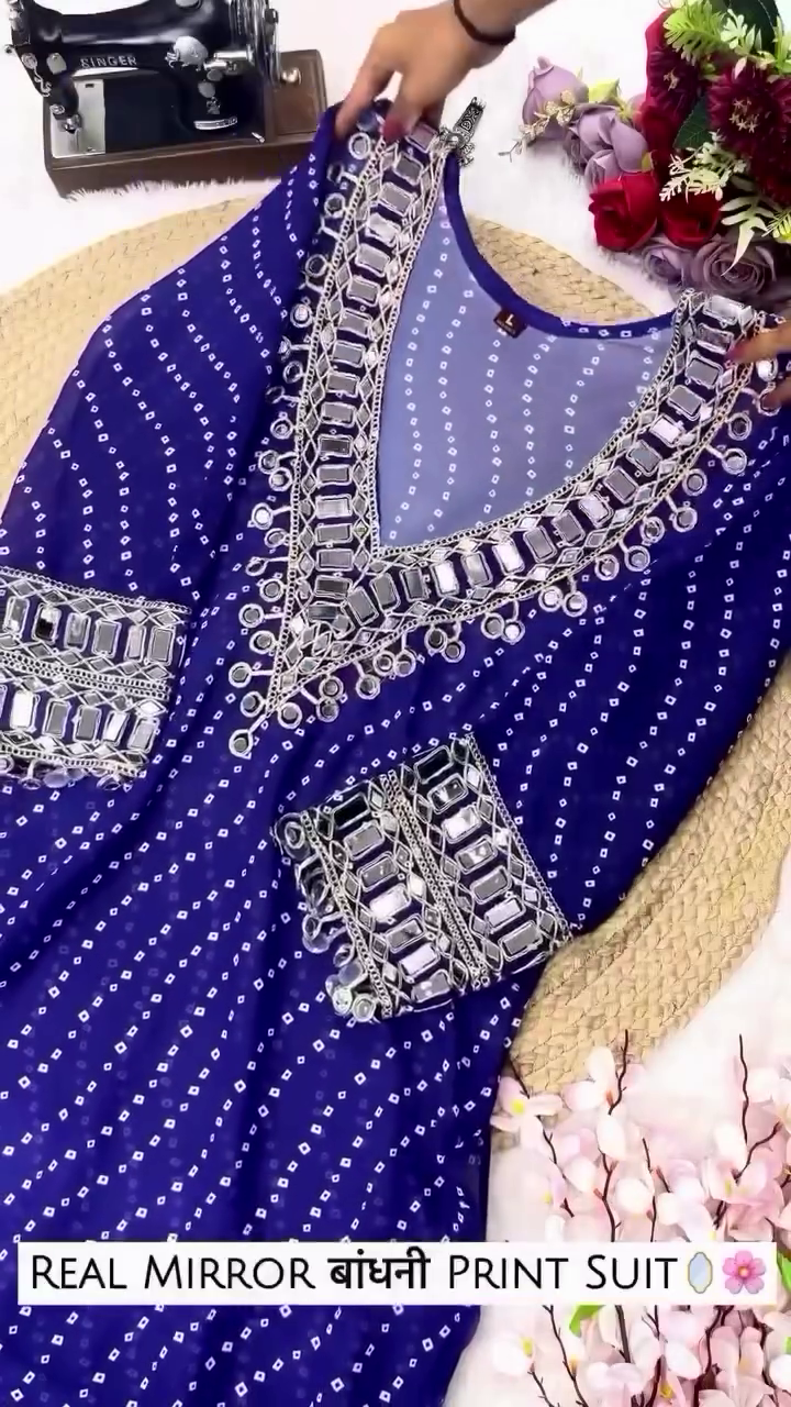 Mirror Work Georgette Anarkali Kurta Set with Bandhej Print – Multi Color Options
