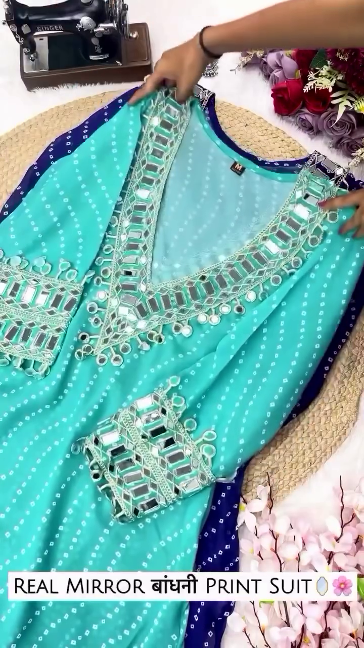 Mirror Work Georgette Anarkali Kurta Set with Bandhej Print – Multi Color Options
