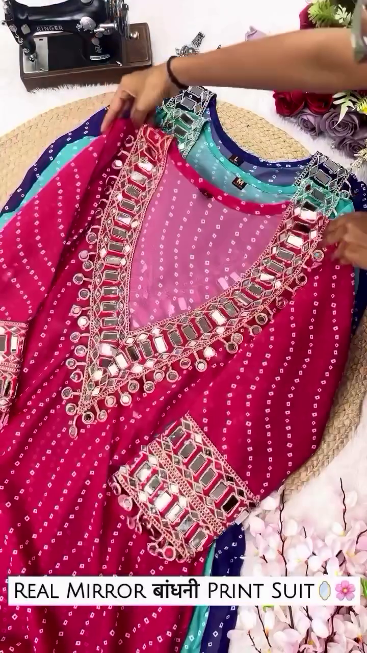 Mirror Work Georgette Anarkali Kurta Set with Bandhej Print – Multi Color Options