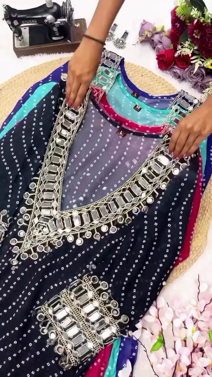Mirror Work Georgette Anarkali Kurta Set with Bandhej Print – Multi Color Options