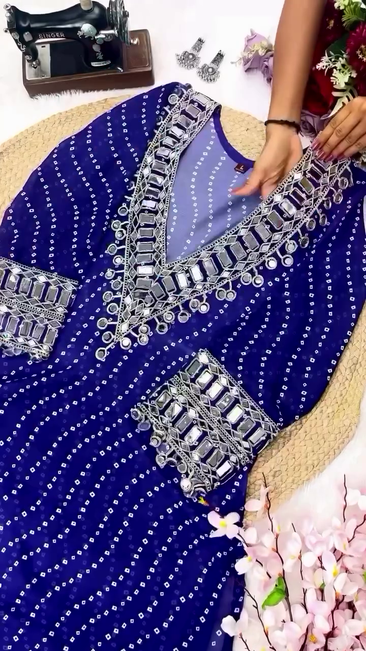 Mirror Work Georgette Anarkali Kurta Set with Bandhej Print – Multi Color Options