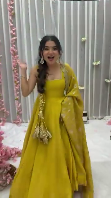 Mustard Yellow Solid Flared Gown Set with Gota Tassels and Banarasi Dupatta