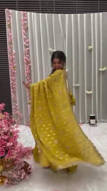 Mustard Yellow Solid Flared Gown Set with Gota Tassels and Banarasi Dupatta