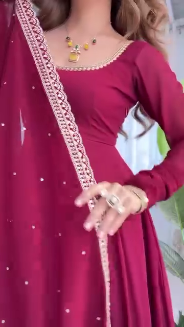 Maroon Heavy Georgette Anarkali Suit Set with Mirror Border Dupatta