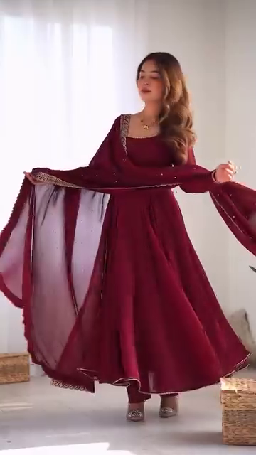 Maroon Heavy Georgette Anarkali Suit Set with Mirror Border Dupatta