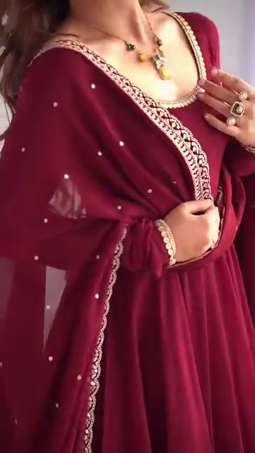 Maroon Heavy Georgette Anarkali Suit Set with Mirror Border Dupatta