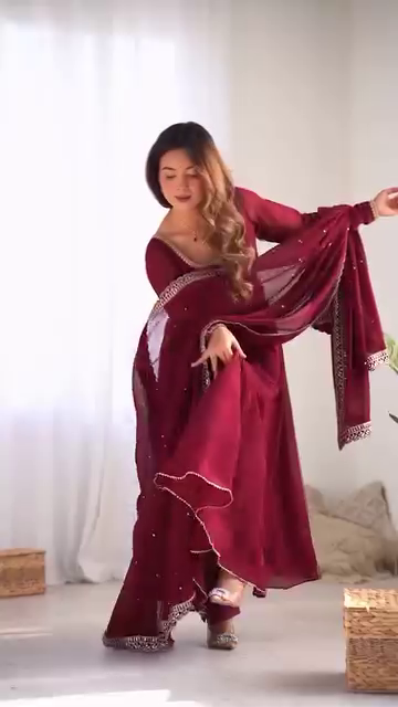 Maroon Heavy Georgette Anarkali Suit Set with Mirror Border Dupatta