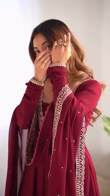 Maroon Heavy Georgette Anarkali Suit Set with Mirror Border Dupatta