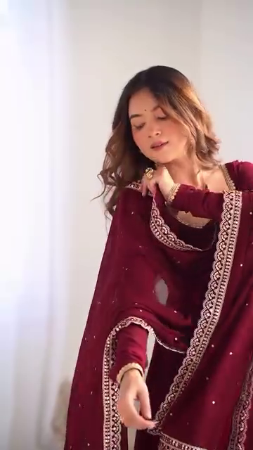 Maroon Heavy Georgette Anarkali Suit Set with Mirror Border Dupatta