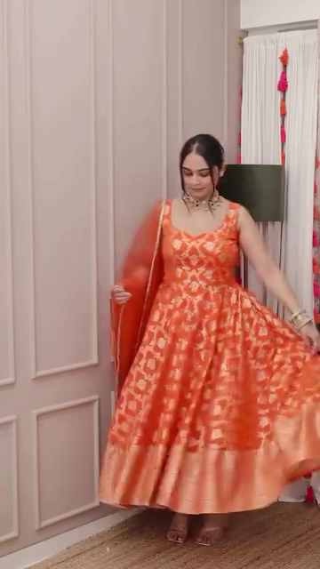 Orange Banarasi Jacquard Silk Anarkali Gown Set with Net Dupatta