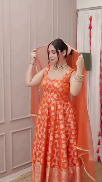 Orange Banarasi Jacquard Silk Anarkali Gown Set with Net Dupatta