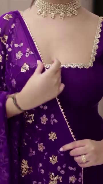 Purple Velvet Anarkali Gown Set with Floral Embroidered Dupatta