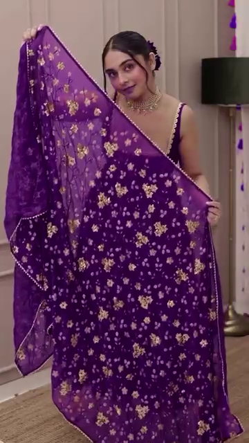 Purple Velvet Anarkali Gown Set with Floral Embroidered Dupatta