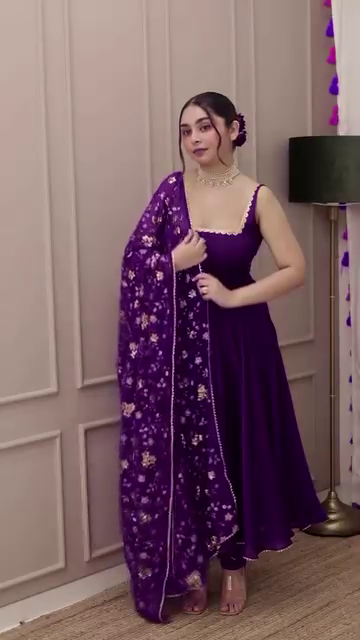 Purple Velvet Anarkali Gown Set with Floral Embroidered Dupatta