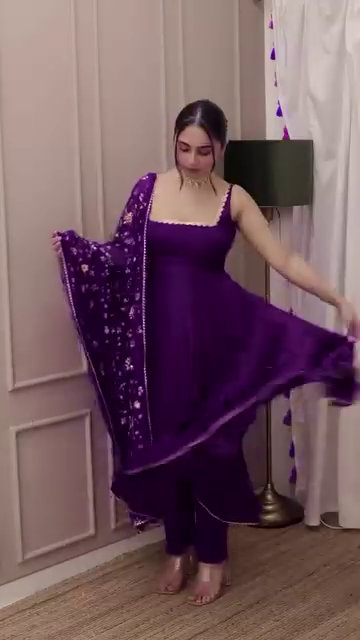 Purple Velvet Anarkali Gown Set with Floral Embroidered Dupatta