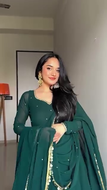 Bottle Green Georgette Anarkali Suit Set with Gota & Shell Lace Detailing