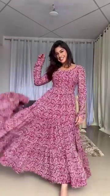 Pink Floral Printed Tiered Anarkali Kurti Set with Dupatta – Flowy Fit & Flare