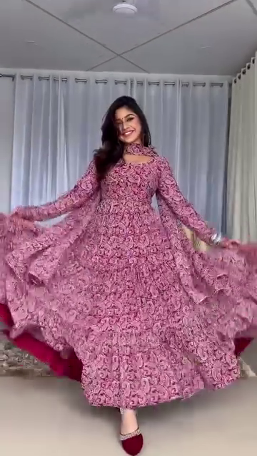 Pink Floral Printed Tiered Anarkali Kurti Set with Dupatta – Flowy Fit & Flare