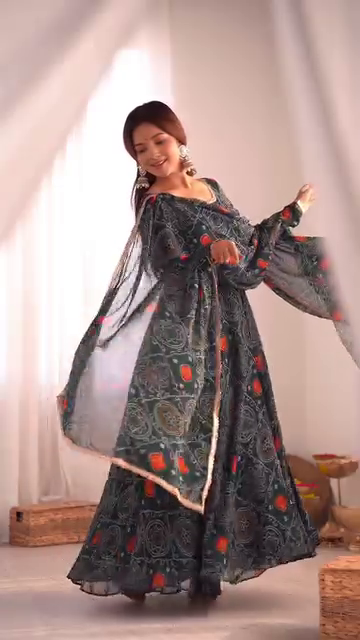 Black Multicolor Printed Anarkali Kurti Set with Dupatta – Ethnic Cotton Flair