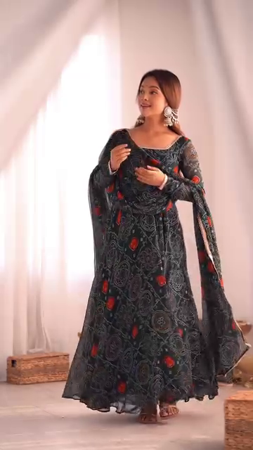 Black Multicolor Printed Anarkali Kurti Set with Dupatta – Ethnic Cotton Flair