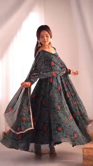 Black Multicolor Printed Anarkali Kurti Set with Dupatta – Ethnic Cotton Flair