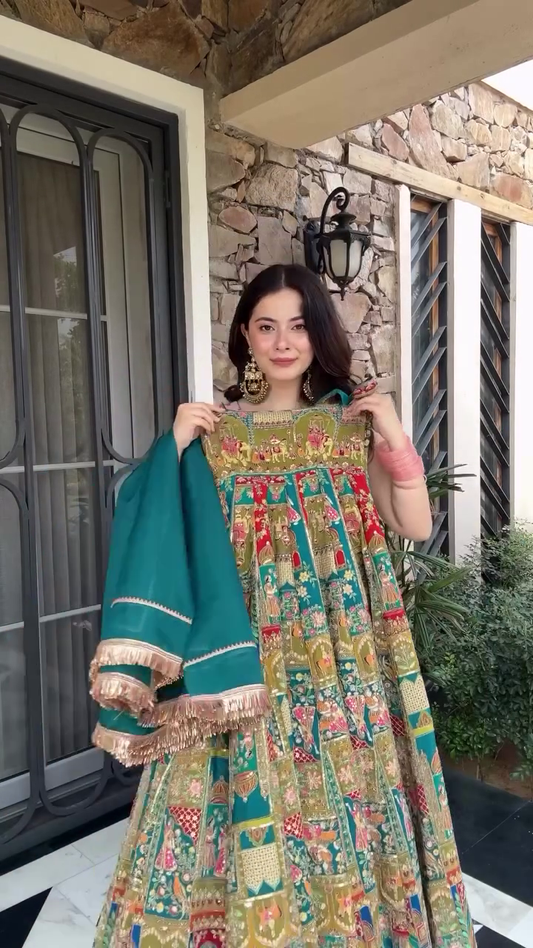 Multicolor Rajasthani Digital Printed Anarkali Gown Set with Teal Dupatta