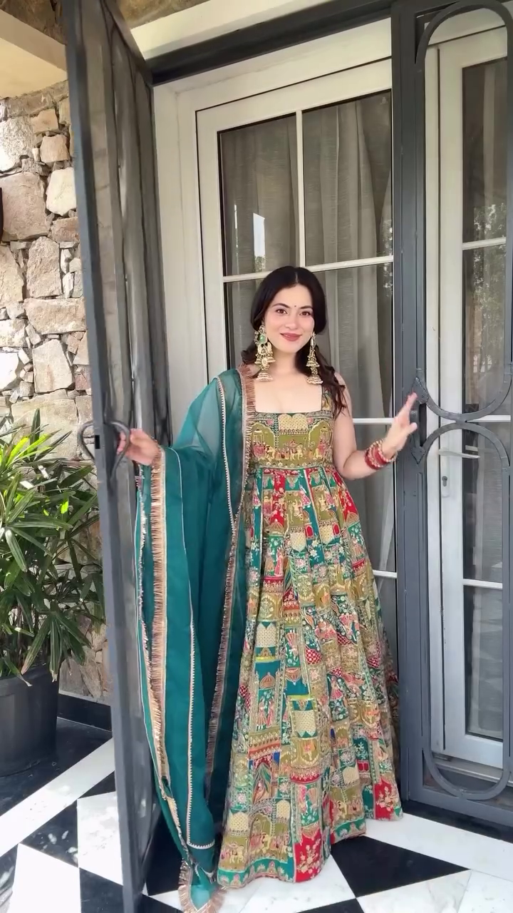 Multicolor Rajasthani Digital Printed Anarkali Gown Set with Teal Dupatta