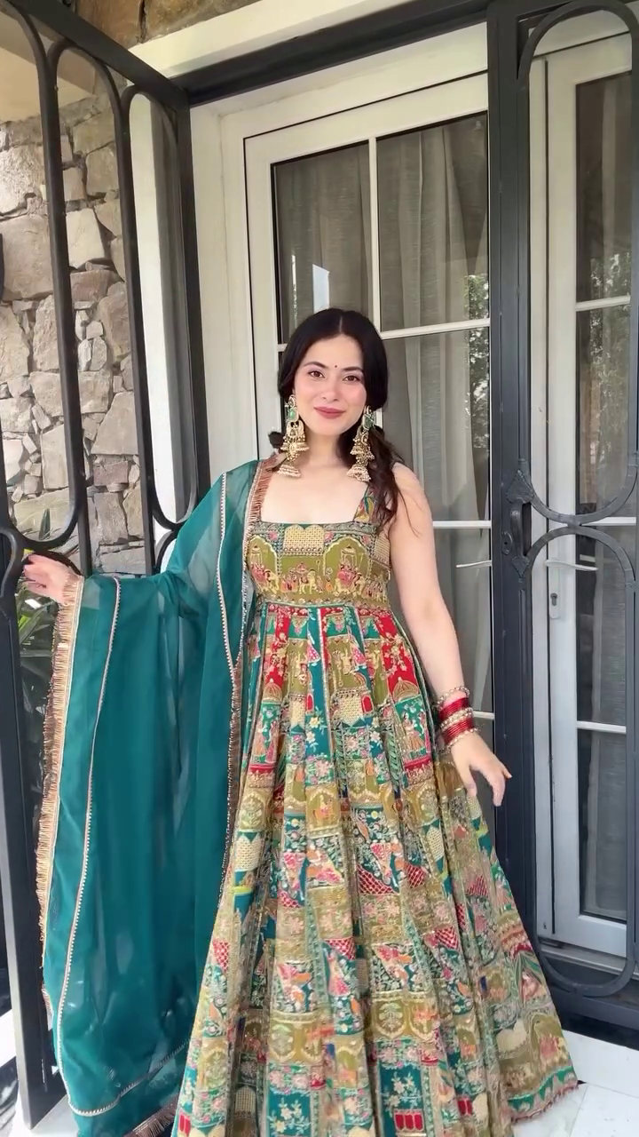 Multicolor Rajasthani Digital Printed Anarkali Gown Set with Teal Dupatta