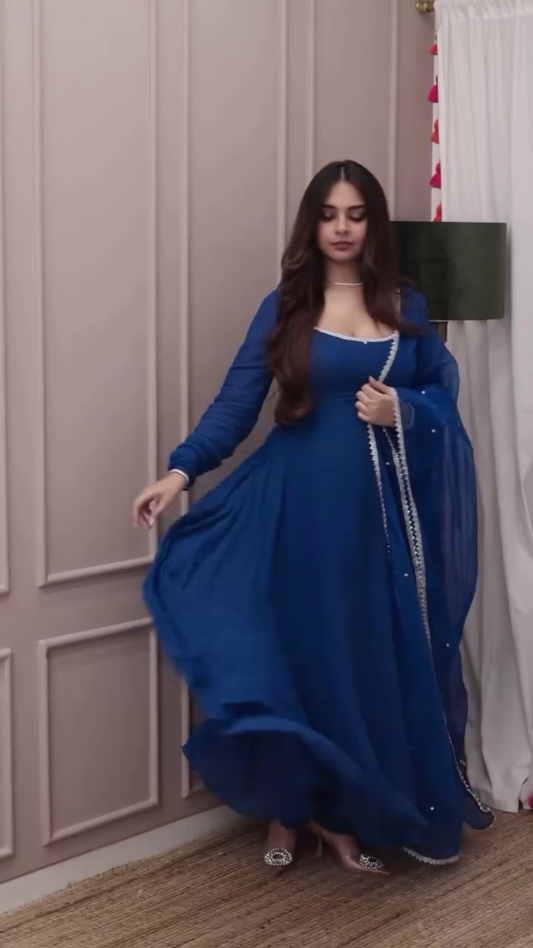 Royal Blue Georgette Anarkali Suit Set with Mirror Lace Dupatta