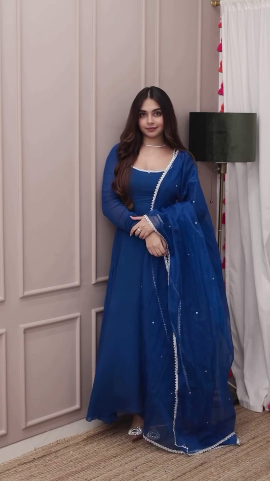 Royal Blue Georgette Anarkali Suit Set with Mirror Lace Dupatta