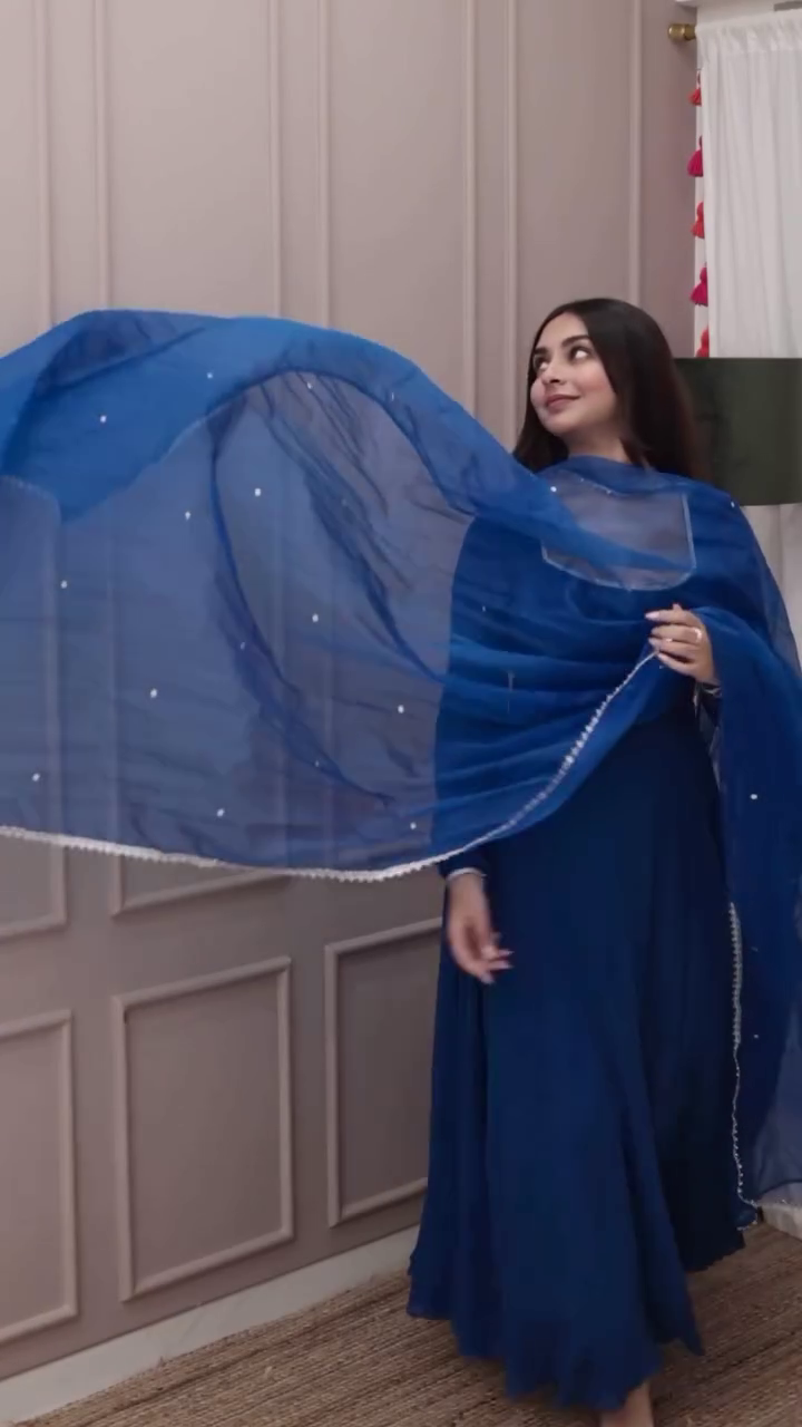 Royal Blue Georgette Anarkali Suit Set with Mirror Lace Dupatta