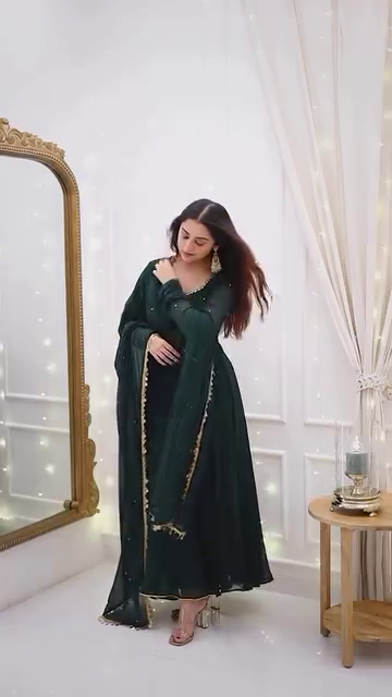 Bottle Green Anarkali Gown with Golden Border Detailing