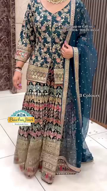 Heavy Embroidered Sharara Set – Red, Navy Blue, Teal